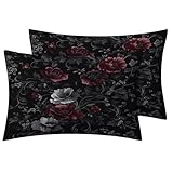 Zhrylliq Black Floral Pillow Case King Size Set of 2, Vintage Moody Flower Pillowcase & Bedroom Decor, Dark Gothic Botanical Pillow Shams with Hidden Zipper