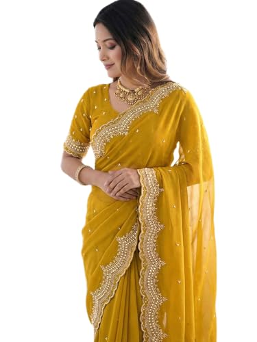 Image of SIRIL Women's Shimmer Georgette Scalloped Border Sequins Embroidery Saree with Unstitched Blouse Piece