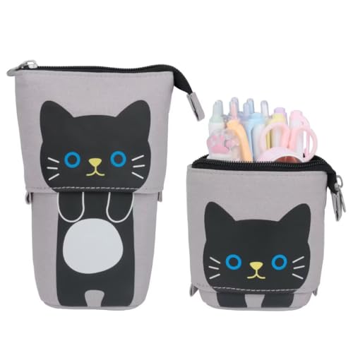 EDATOFLY Telescopic Pencil Case, Cute Standing Pencil Case Retractable Telescopic Pen Pouch Small Pencil Case Stand Up Pencil Case Pencil Bag Pencil Pouch for Girls Boys Kids (Black Cat)