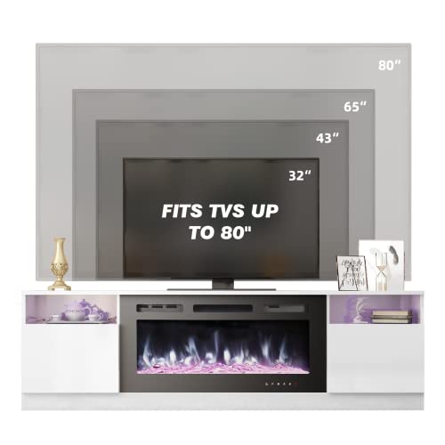 Erommy 70'' Fireplace Tv Stand With 36'' Electric Fireplace, Entertainment Center With 16 Color Led Lights And 12 Flame Fireplace Insert Heater, White Tv Console For Tvs Up To 80'' For Living Room #TOP4