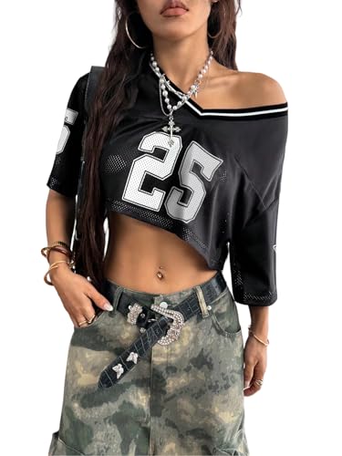 QJQ Jersey Shirts for Women Y2K Crop Tops Streetwear V Neck Half Sleeve Graphic T Shirts Football Soccer Tee Tops