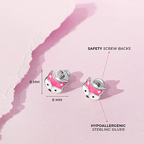 925 Sterling Silver Girls Fox Earrings with Screw Backs Pink & White Enamel - Cute Jewelry for Kids of All Ages4