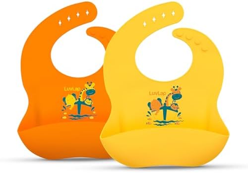 LuvLap Waterproof Silicone Baby Bib for Feeding & Weaning, Adjustable Neckline with Buttons, BPA Free, Washable & Reusable, 6-36 Months, Soft, Baby Feeding Bib, Odourless, Pack of 2 (Orange & Yellow)