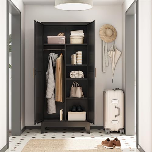 Image of Metal Broom Closet Cabinet, Utility Storage Cabinet with 4 Shelves, Farmhouse Metal Closet with Doors, 71 inch Tall Storage Cabinets with Hanging Rod and Clothing Shelf for Hallway Laundry Mudroom