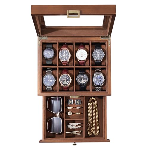 ProCase Wooden Watch Case, 8 Slot Mens Watch Box with Drawer, 2-Layer Mens Jewelry Box Storage Holder Organizer Display Case, Valentine Anniversary Bi