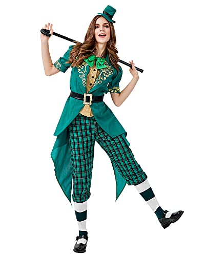 Seasons Women St. Patrick's Day Costume Green Charming Leprechaun Costume Suit Female Victorian Tailcoat Jacket (XL)