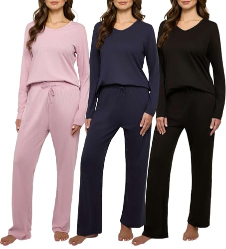 Real Essentials 3 Pack Women's Soft Cotton Long Sleeve Pajama Set with Pants - Lounge Sets for Women (Available In Plus)