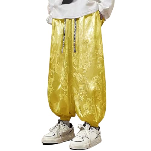 HZCX FASHION Mens Womens Harem Pants Dragon Aladdin Pant Baggy Joggers Kung Fu Hanfu Tai Chi Yoga Pants Loose Trousers(Gold,Medium)
