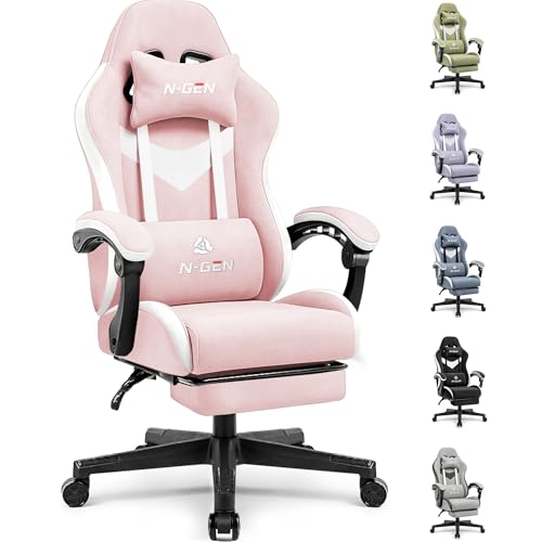 Image of N-GEN GAMING Video Gaming Chair Office Computer Desk Use Ergonomic Reclining Backrest Adjustable Armrests Lumbar Support Footrest High Density Foam Breathable Fabric Heavy Duty Base (Pink)