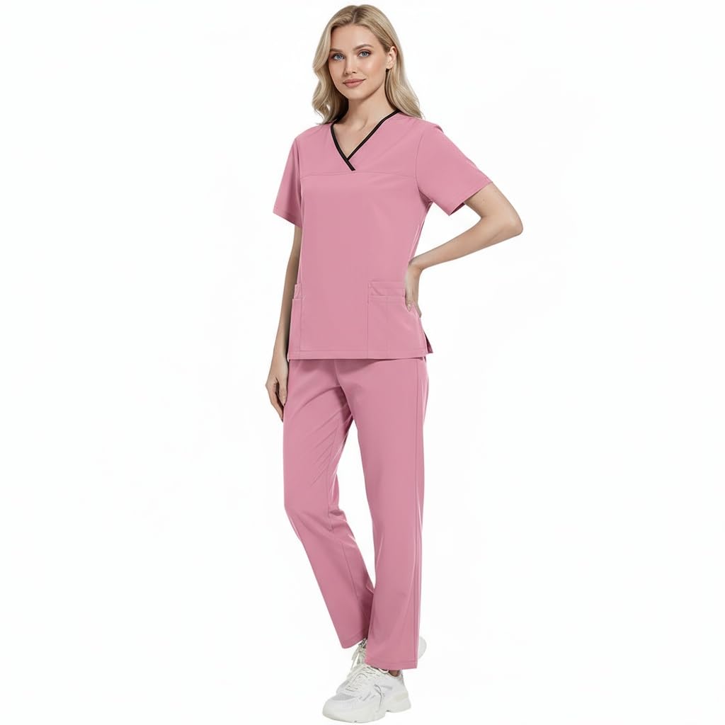 Uniformes Médicos para Mujer Traje Separado Cuello en V Top y Pantalones Jogging con Cuatro Bolsillos Color Puro Secado Rápido Uniformes Médicos DK51
