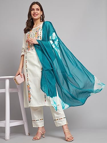 Image of VredeVogel Women's Cotton Blend Kurta Pant Set with Chanderi Silk Dupatta