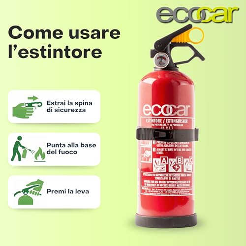 Ecocar - Estintore 1Kg In Polvere Omologato EN3 Per Auto, Casa E Camper - Con Manometro E Supporto Incluso - 7