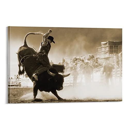 Bull Riding Bull Rider Art Poster，Western Art, Bull Riding Art, Rodeo Art Posters Wall Art Paintings Canvas Wall Decor Home Decor Living Room Decor Aesthetic 24X36Inch(60X90Cm) Frame-Style #TOP22