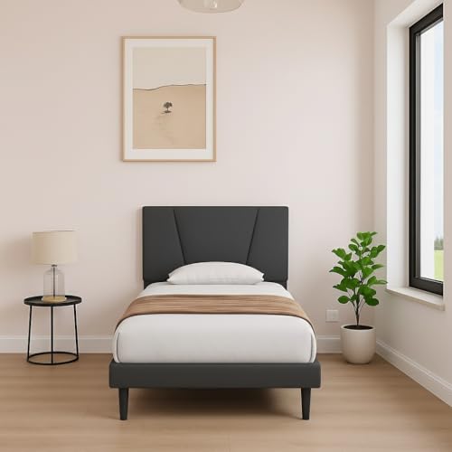 Image of Wooden Upholstered Bed Single Size Without Storage | Wrought Iron Single Size Cot with Headboard | Upholstered Bed for Bedroom | Palang Furniture for, Living Room, Dark Grey, (Dark Grey)