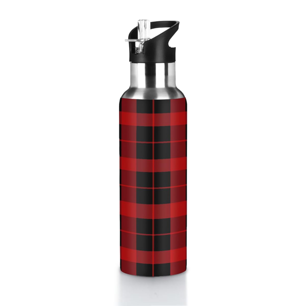 VQUVQV Stainless Steel Water Bottle with Straw Lid, 600ml Insulated Leakproof Sports Bottle Thermal Flask for Cold and Hot Drink, Black And Red Checkered Patterns — image 1