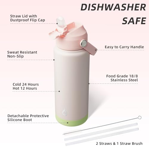 Image of BJPKPK Water Bottle with Straw Lid, 24oz Vacuum Insulated Water Bottles, Metal Stainless Steel Thermo for Sports, Travel, BPA Free Leak Proof Thermo, Cups, Flasks, Tumblers,Pearl Pink