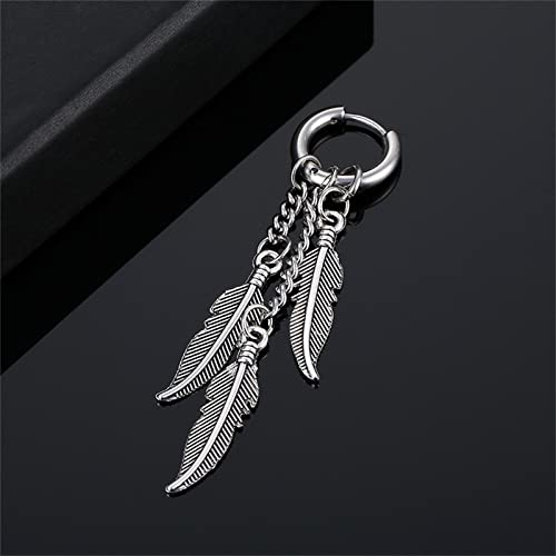 MALOYANVE Feather Dangle Earrings for Men Women 316L Surgical Stainless Steel Huggie Hoop Dangle Earrings Punk Hip Hop Vintage Feather Drop Earrings4