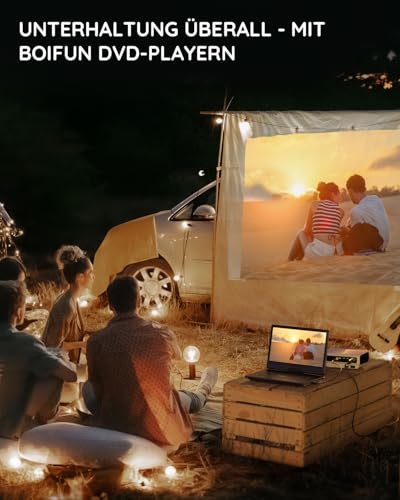 Tragbarer DVD-Player (15,7 Zoll) mit 14,1 Zoll großem HD-Bildschirm, 6 Stunden Akkulaufzeit, unterstützt USB/SD-Karte/Sync-TV und mehrere Disc-Formate, Doppellautsprecher, Schwarz, Boifun