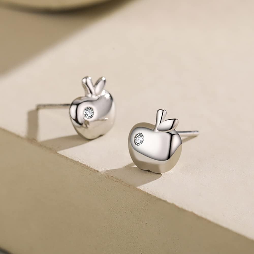 Tiny Apple Stud Earrings 925 Sterling Silver Cubic Zirconia Crystal Fruit Small Cartilage Tragus Earrings Studs Post Piercing Cute Jewelry Gifts for Women Girls Hypoallergenic