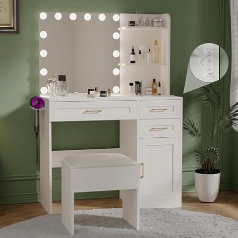 HUAHUU Vanity Desk with Lights, 37inch Makeup Vanity Desk with Mirror & Power Outlet, 3 Colors Lighting Adjustable Brightness, Makeup Vanity Set with Cushioned Chair and Cabinet, 3 Drawers, White Cover