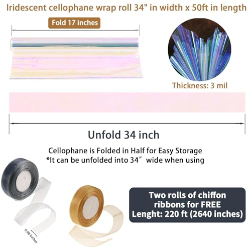 86,4 cm x 1,5 m Papel de celofane iridescente com glitter com 2 fitas sacos de celofane para cestas