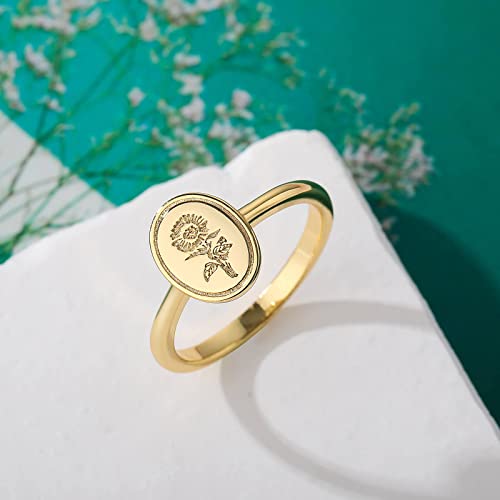 Drawelry Engraved Flower Signet Ring: Handmade Botanical Floral Minimalistic Statement 18K Dainty Gold Plated Silver Oval Finger Ring Delicate Jewelry Gift For Women Girls (Sunflower Gold, 6.0) (Sunflower Gold, 7.0) #TOP3