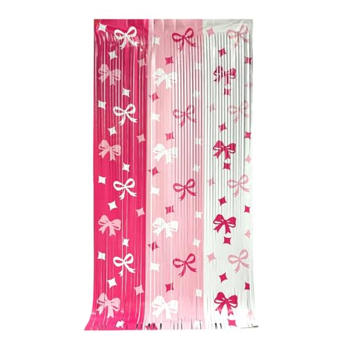 Cortinas con lazo, cortinas románticas con flecos de papel de aluminio, decoración de fiesta de cumpleaños, telón de fondo para despedida de soltera, boda, fiesta temática de coqueta, dormitorio, sala