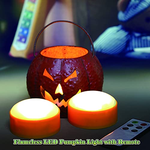 Image of Two Halloween LED Pumpkin Lights with Remote Timer 3 PCS Stainless Steel Pumpkin Carving Cutting Tool Kit Set Jack-O-Lantern Decorations Battery Operated Realistic Flickering Flameless Candles Orange
