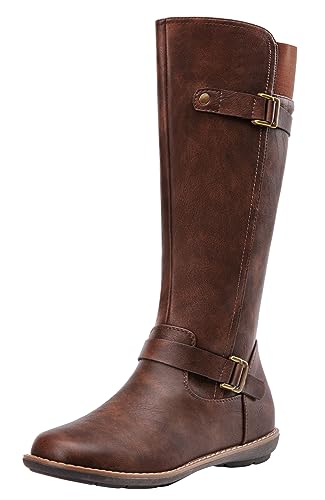 Jeossy Women's 9655 Knee High Boots Coffee/Dark Brown Flat Riding Tall Boots with Buckle and Side Zipper Size 8(DJY9655 Coffee 08)
