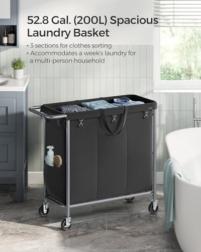 SONGMICS Laundry Basket on Wheels, 3-Compartment Laundry Hamper, 52.8 Gallons (200L), Removable Liner, Steel Frame with Handle, Large Linen Storage, 91 x 39 x 81 cm, Ink Black RLS005B01 - Image 4