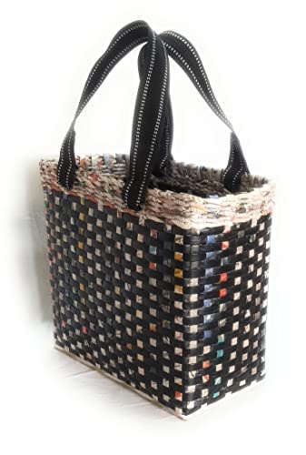 Image of Paperus, Medium, Black Check, Lunch Bag, Tiffin Basket for Office, Handbag, Carry Bag, Travel Bag, Eco-Friendly, Handmade, of Paper Ropes, in Inches 11 Height, 12 Length & 6 Wide Base