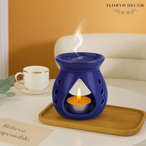 Image of Floryn Decor Ceramic Diffuser with Free 3 Tealight Candles | Home Fragrance, Spa, Office & Yoga | Aromatherapy Gift Set of 3 (Blue)