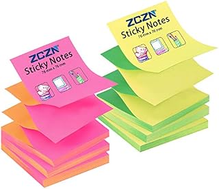 ZCZN Pop-up Notes, 4 Alternating Neon Colours Sticky Notes 76 x 76mm, 80 Sheets/Pad, 6 Pads/Pack (Green, Yellow, Rose Red, Orange)