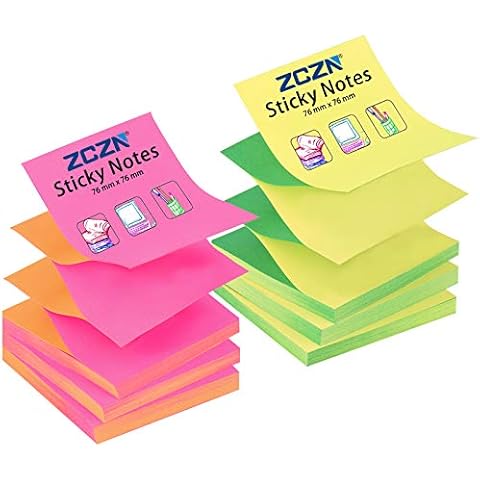 ZCZN Pop-up Notes, 4 Alternating Neon Colours Sticky Notes 76 x 76mm, 80 Sheets/Pad, 6 Pads/Pack (Green, Yellow, Rose Red, Orange) Cover