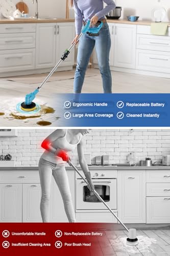 BAHNU Electric Spin Scrubber Extra Long Foldable,Cordless Rechargeable Spin Scrubber Battery Power 21V,1800RPM Cordless Electric Power Scrubber with 6 Brushes for Bath/Tub/Tile/Floor/Walls - Thumbnail 5