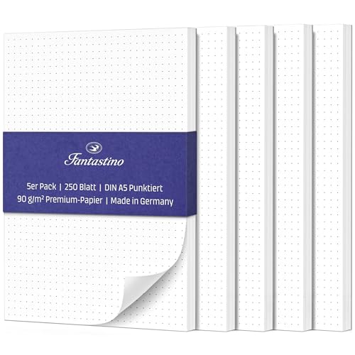 Fantastino® Notizblock A5 Punktiert - 5er Vorteils-Pack (250 Blatt) - 90 g/m² Premium-Papier weiß, tintenfest & durchdrucksicher, kleine Schreibblöcke abreißbar für Büro, Haushalt, Schule & Uni