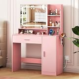 WLIVE Pink Vanity Desk with Mirror and Lights for Girls, Makeup Vanity Table with Drawer, Cabinet and Open Shelves, Bedroom Dressing Table with Charging Station
