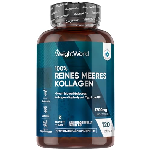 Kollagen Kapseln - 1200mg reines Marine Collagen Typ I und III - Hydrolysierte Fisch Kollagen Peptide - 120 Kapseln für 2 Monate Vorrat - Meereskollagen - Frei von Magnesiumstearat - WeightWorld