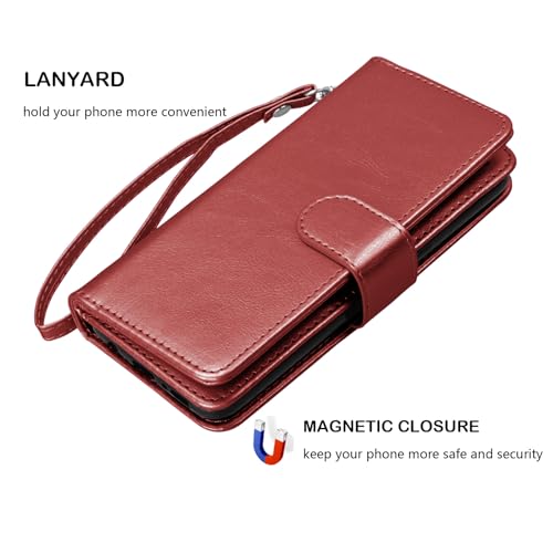 Njjex Wallet Case for Motorola Moto G 5G 2025, for Moto G 5G 2025 Case, [9 Card Slots] PU Leather ID Credit Card Holder Folio Flip [Detachable] Kickstand Magnetic Phone Cover & Lanyard [Wine Red] - Thumbnail 6