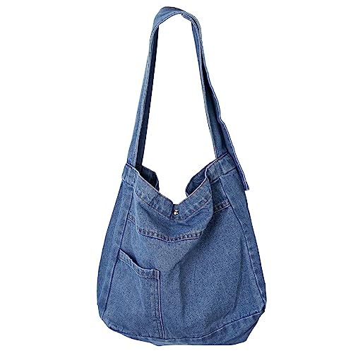 Bolsa de ombro jeans bolsa tiracolo jeans bolsas femininas retrô grande bolsa de ombro de lona estilo casual bolsa leve, Azul