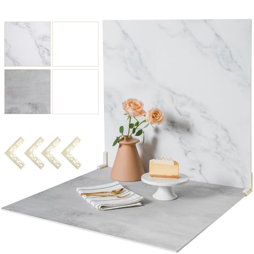 2 Pack Backdrop Boards for Photo | 24 x 24 Inches | Replica Surface | Food Photography Background | Marble & Cement | 4 Brackets