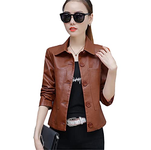 Blouson moto femme PU couleur caramel XL, veste courte coupe ample et style wild chic