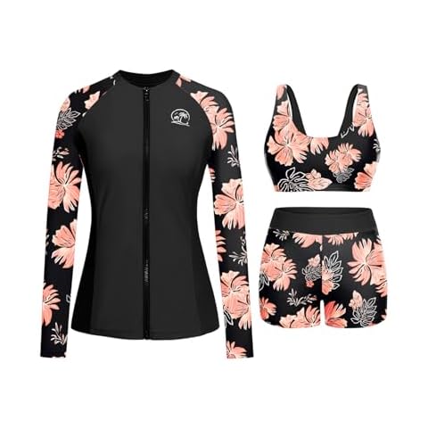 Holipick Orange Floral 3-Piece Rash Guard Set Cover