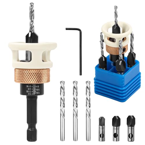4Pcs Countersink Drill Bit Set with Low Friction Depth Stop, Bits Tapered Head 2.8/3.2/3.5/4.0 Drill+3/8” 82° Counter-Bore, 1/4” Hex Shank, Wood Plug Cutter for DIY Door Window Cabine