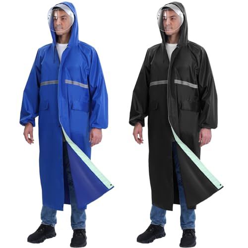 Geyoga 2 Pack Men's Long Rain Coats Waterproof Hooded Raincoat Safety Emergency Reflective Rain Jacket Poncho for Men Women Adult Hiking Camping Outdoor, Black Blue