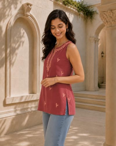 Image of QAZMI Women's Laiba Kashmiri Embriodered Sleeveless Short Kurti