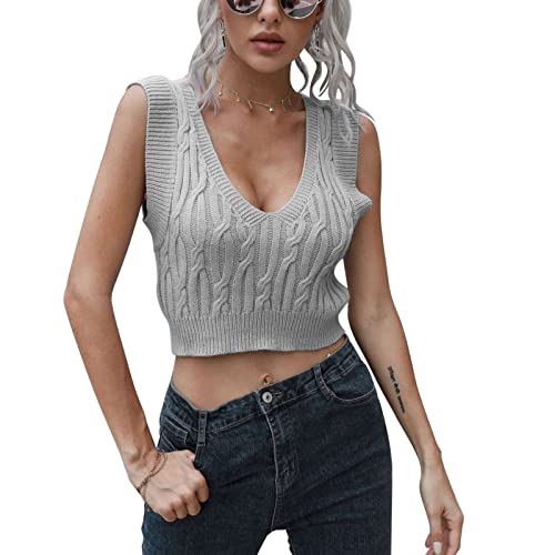 Pull Court pour Femme Col en V sans Manches Gilet en Tricot Pull en Tricot Décontracté Vintage Style Preppy Câble Tricot à Carreaux(S-Gris) Cover