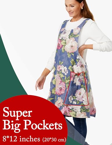 Image of Cozy Adjustable Cross Back Aprons for Women with Pockets Cotton Linen Cooking Kitchen Baking