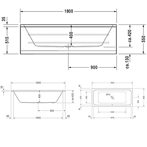 BAIGNOIRE D-CODE 180X80 BLANC AVEC PIEDS DURAVIT