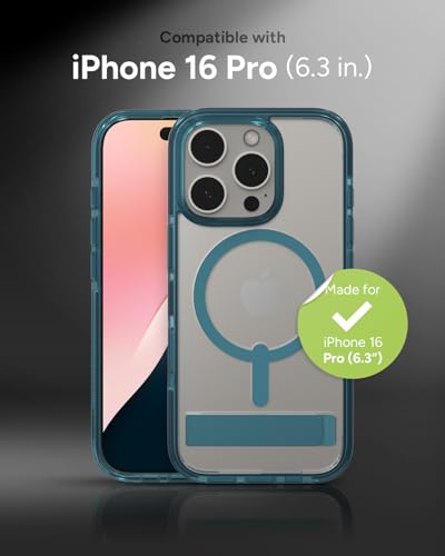 Image of ZAGG Santa Cruz Snap with Kickstand Case for iPhone 16 Pro - MagSafe Compatible, 13ft Military-Grade Drop Protection, Reinforced with Graphene, Slim Clear Case with Vibrant Color Accents, Retro Blue